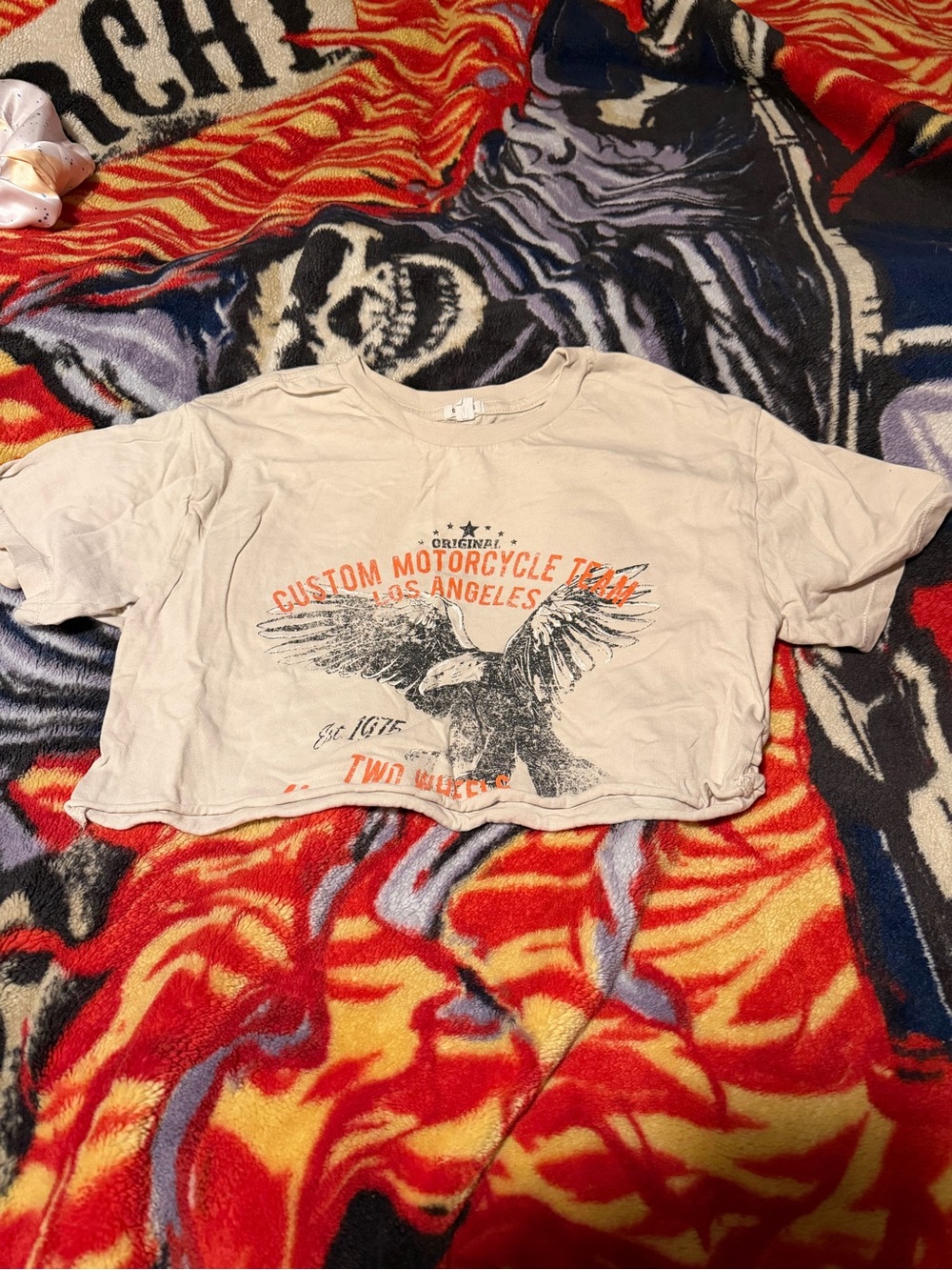 Garage Cream Crop Tee with Orange & Black Motorcycle Eagle Graphic